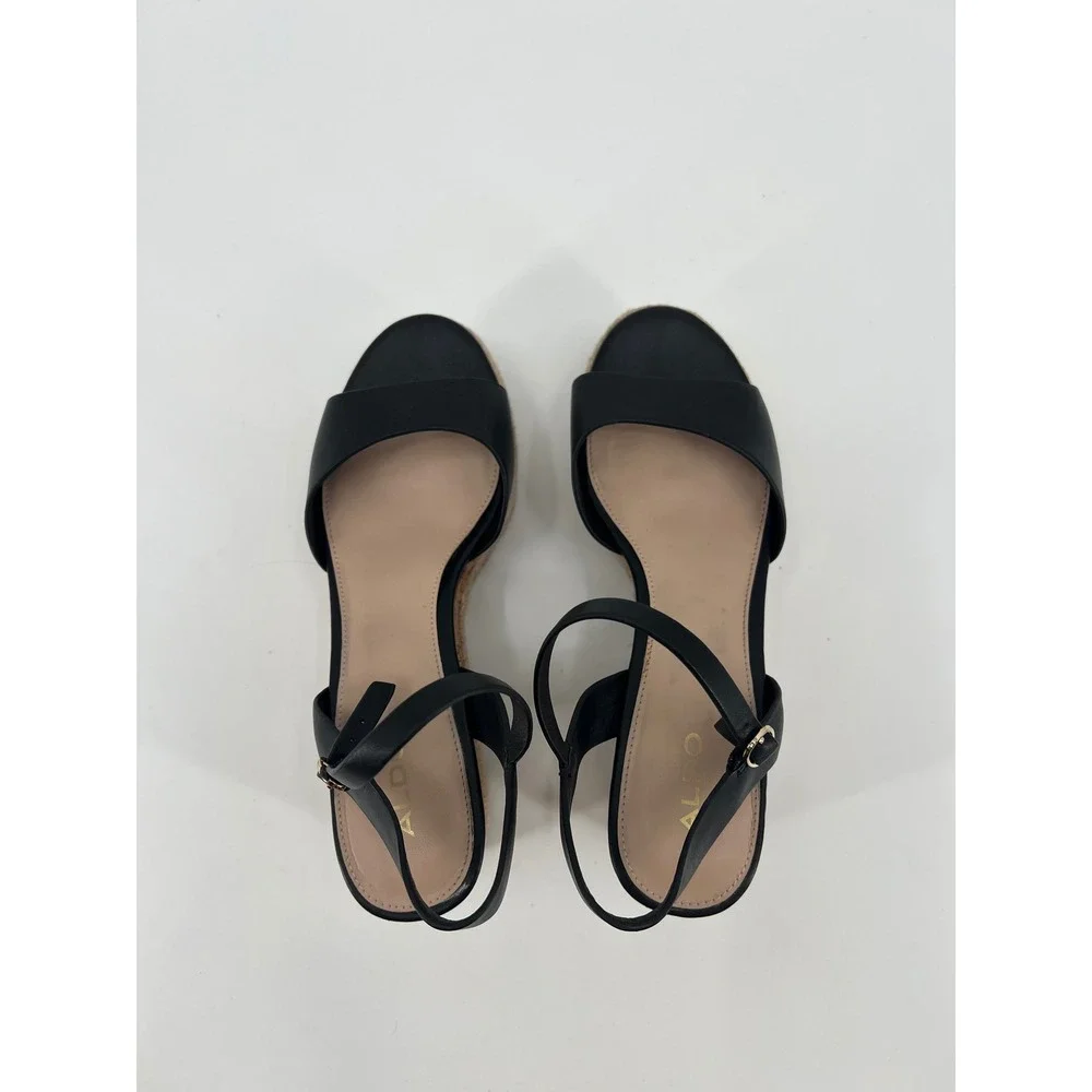 Aldo Black Platform Wedge Espadrille Sandals Cork Jute Ankle Strap Womens 8
